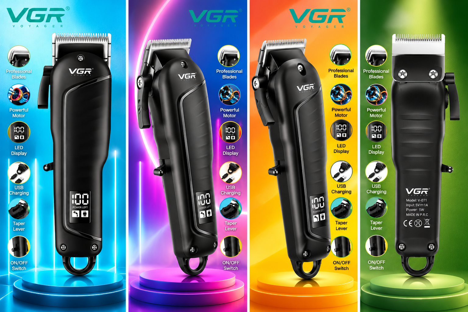 Complete supplied image showing all four VGR men's trimmer product views